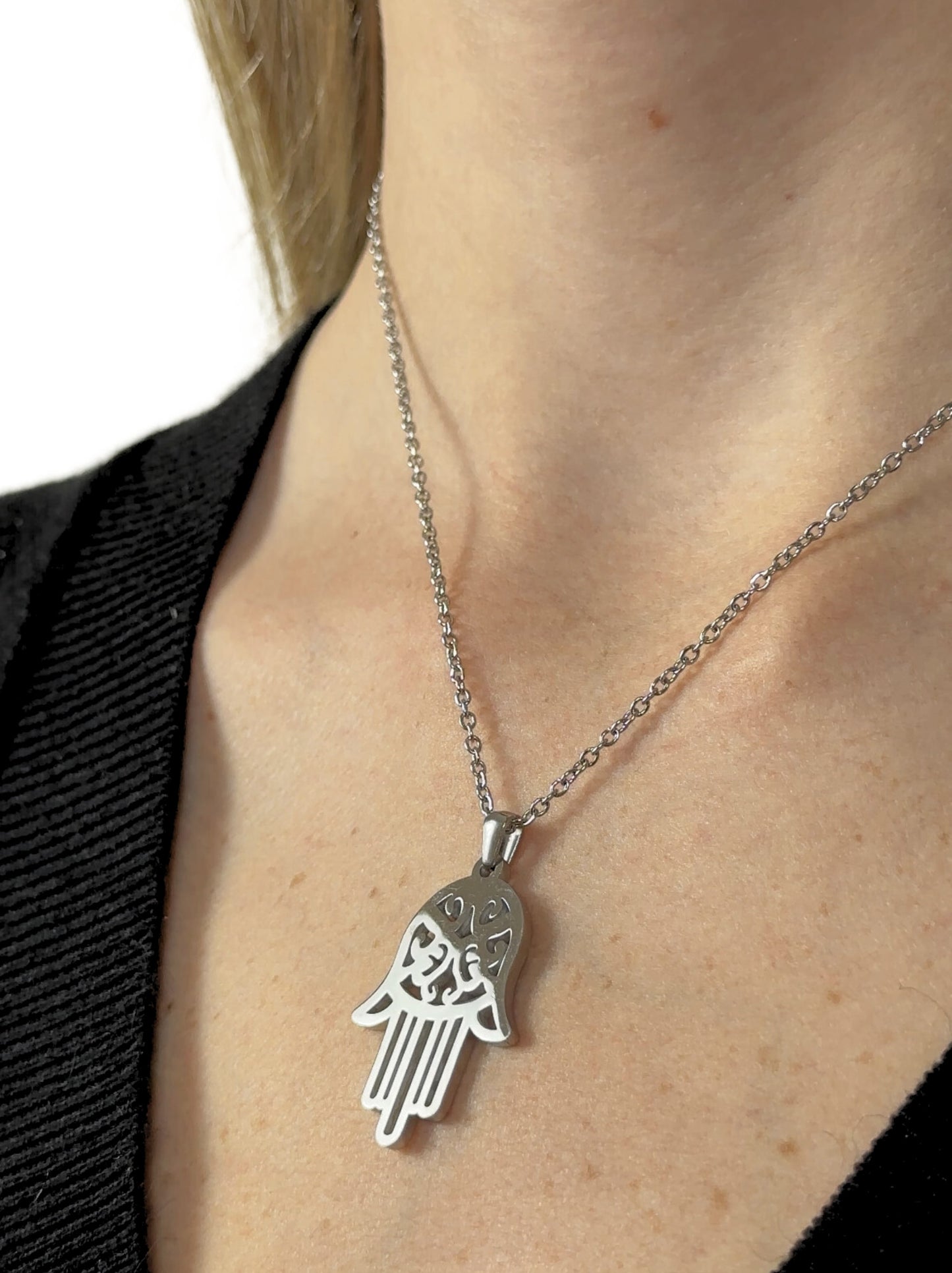 Hand of Fatima silver steel necklace