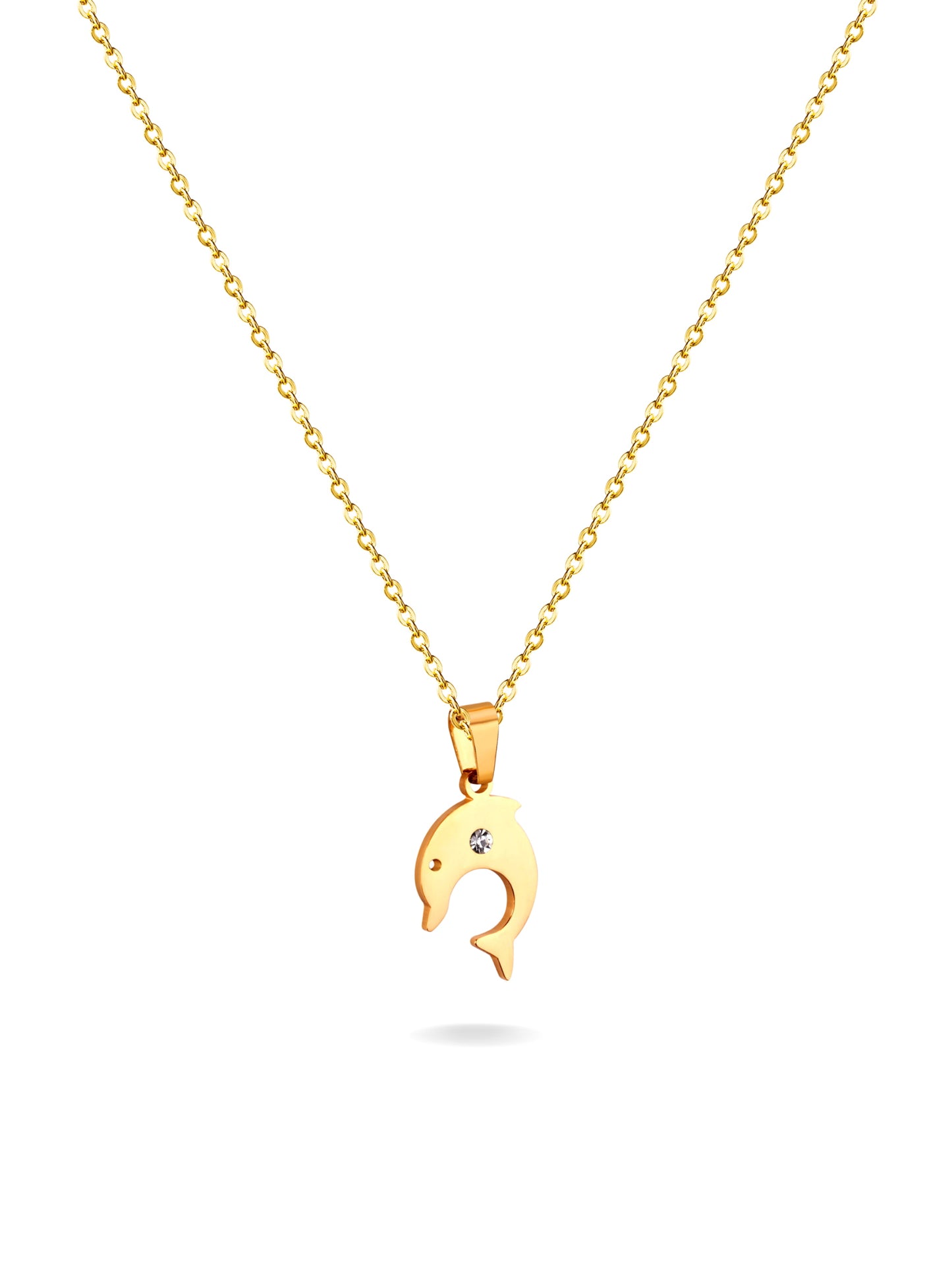 Golden steel necklace with dolphin and crystal