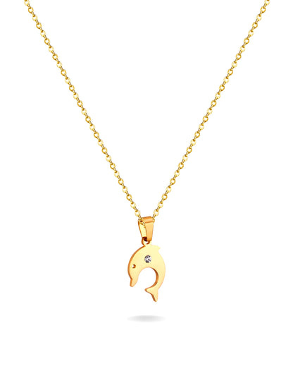 Golden steel necklace with dolphin and crystal