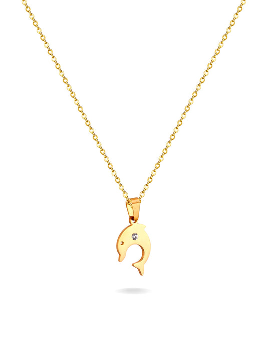 Golden steel necklace with dolphin and crystal