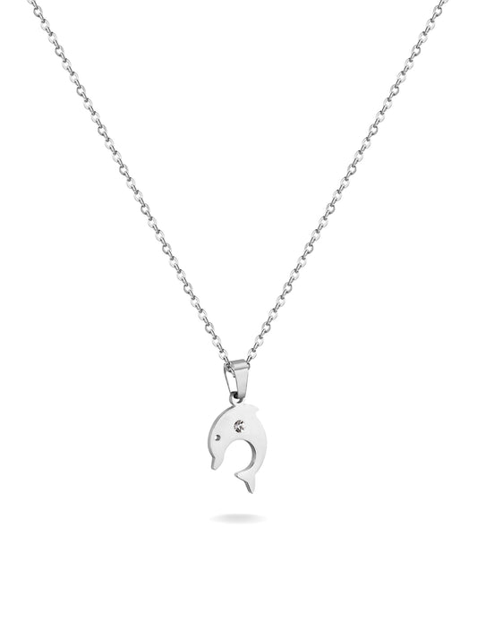 Silver steel necklace with dolphin and crystal