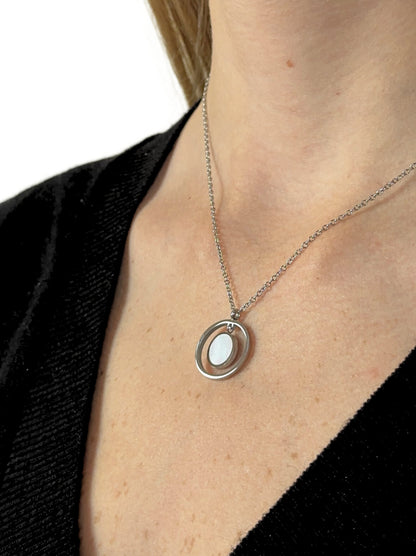 Silver steel necklace with pearl circle