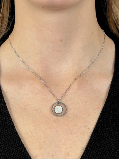 Silver steel necklace with pearl circle