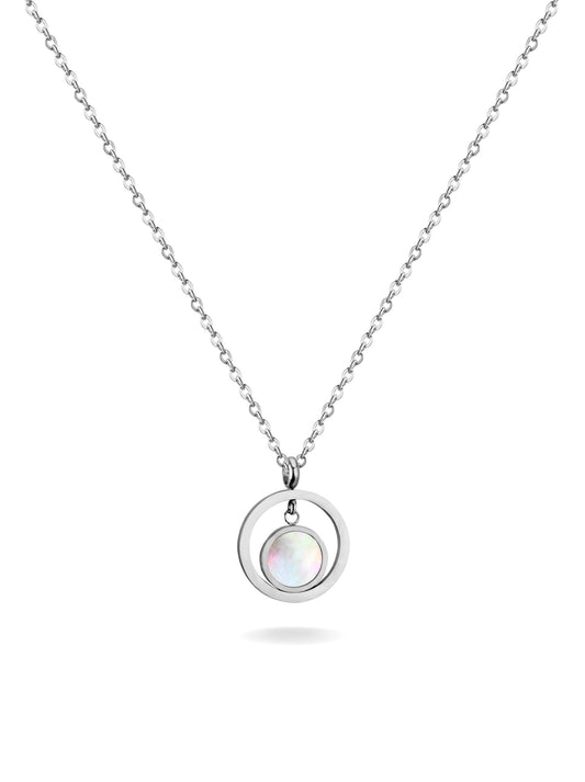 Silver steel necklace with pearl circle