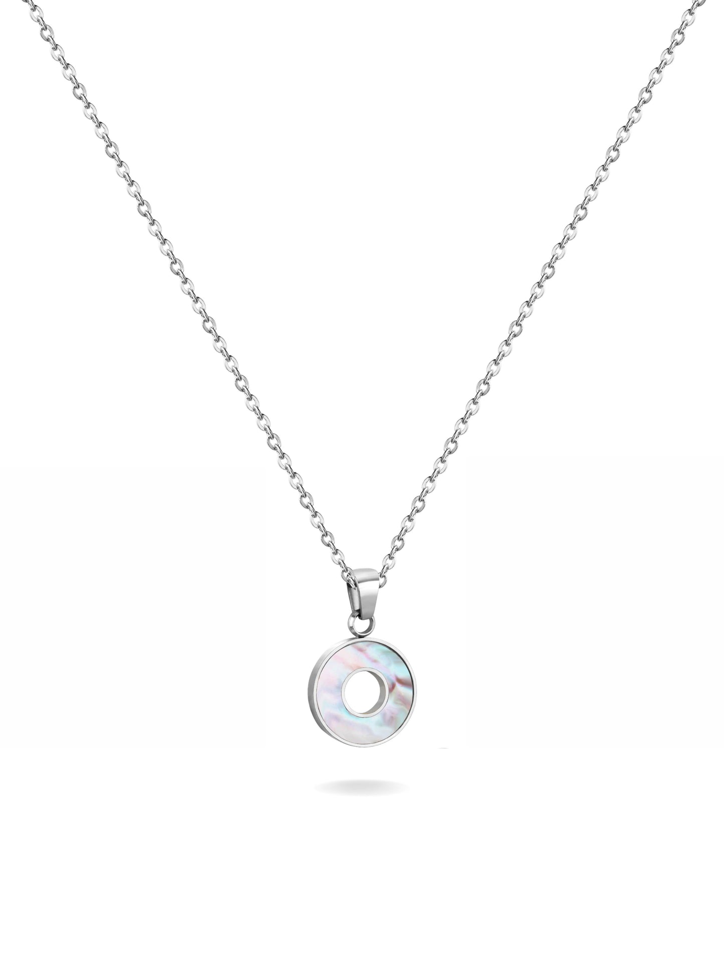 Silver steel necklace with pearl circle