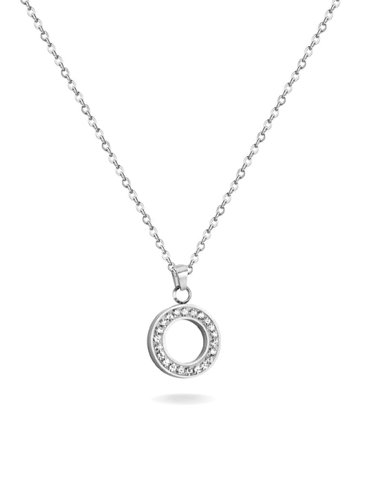 Silver steel necklace with circle of crystals