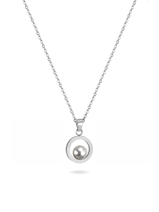 Circle silver steel necklace with pearl