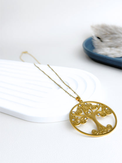 Tree of life gold steel necklace with zirconia