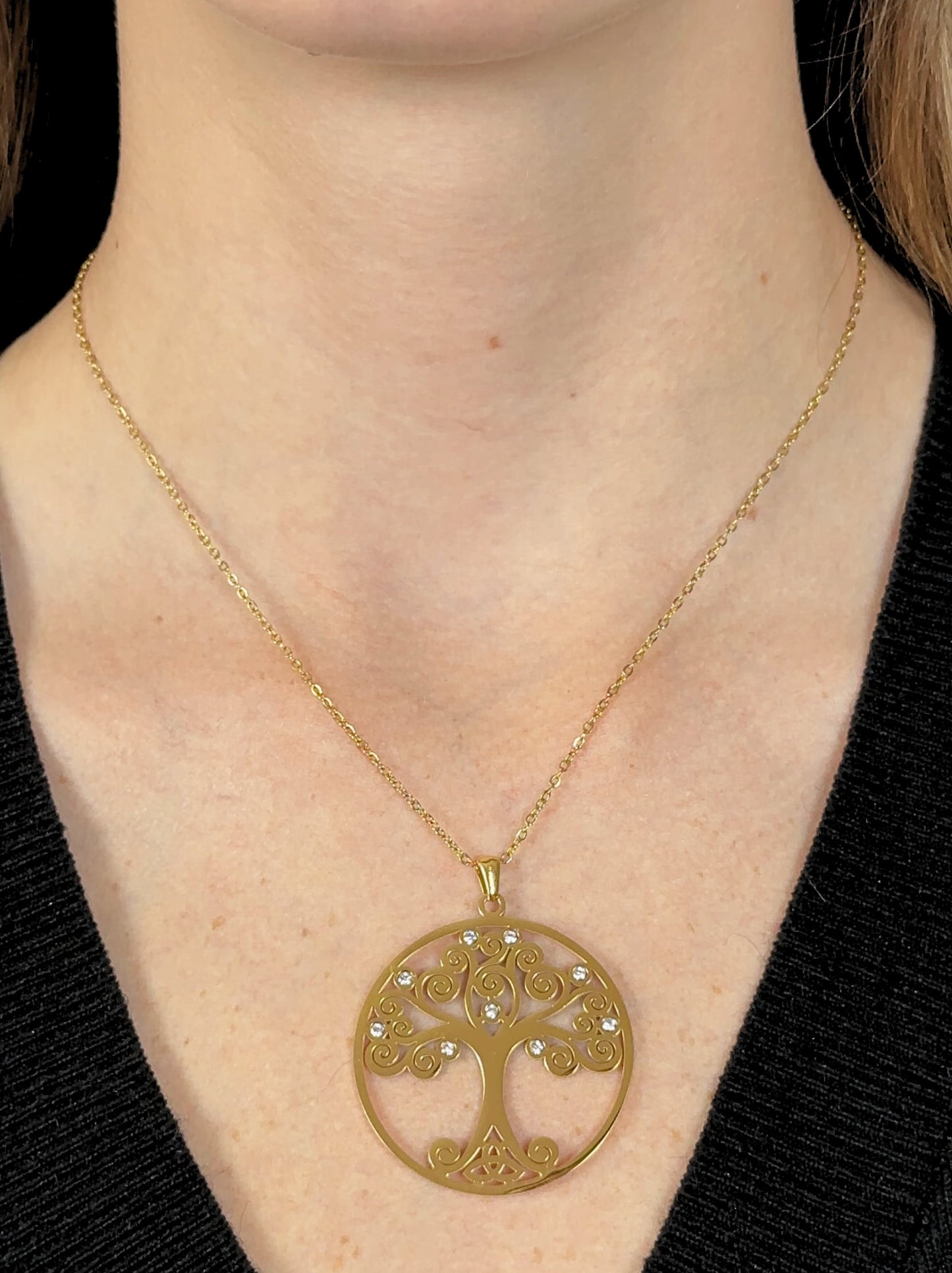 Collier arbre de vie en acier doré et zircons