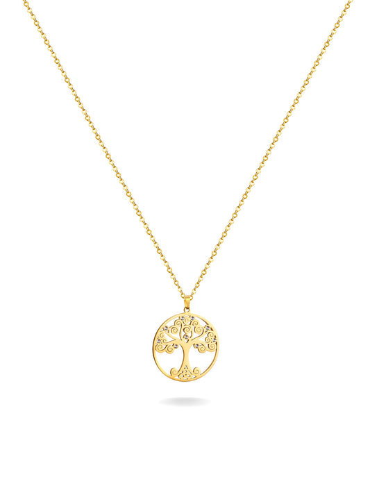 Tree of life gold steel necklace with zirconia