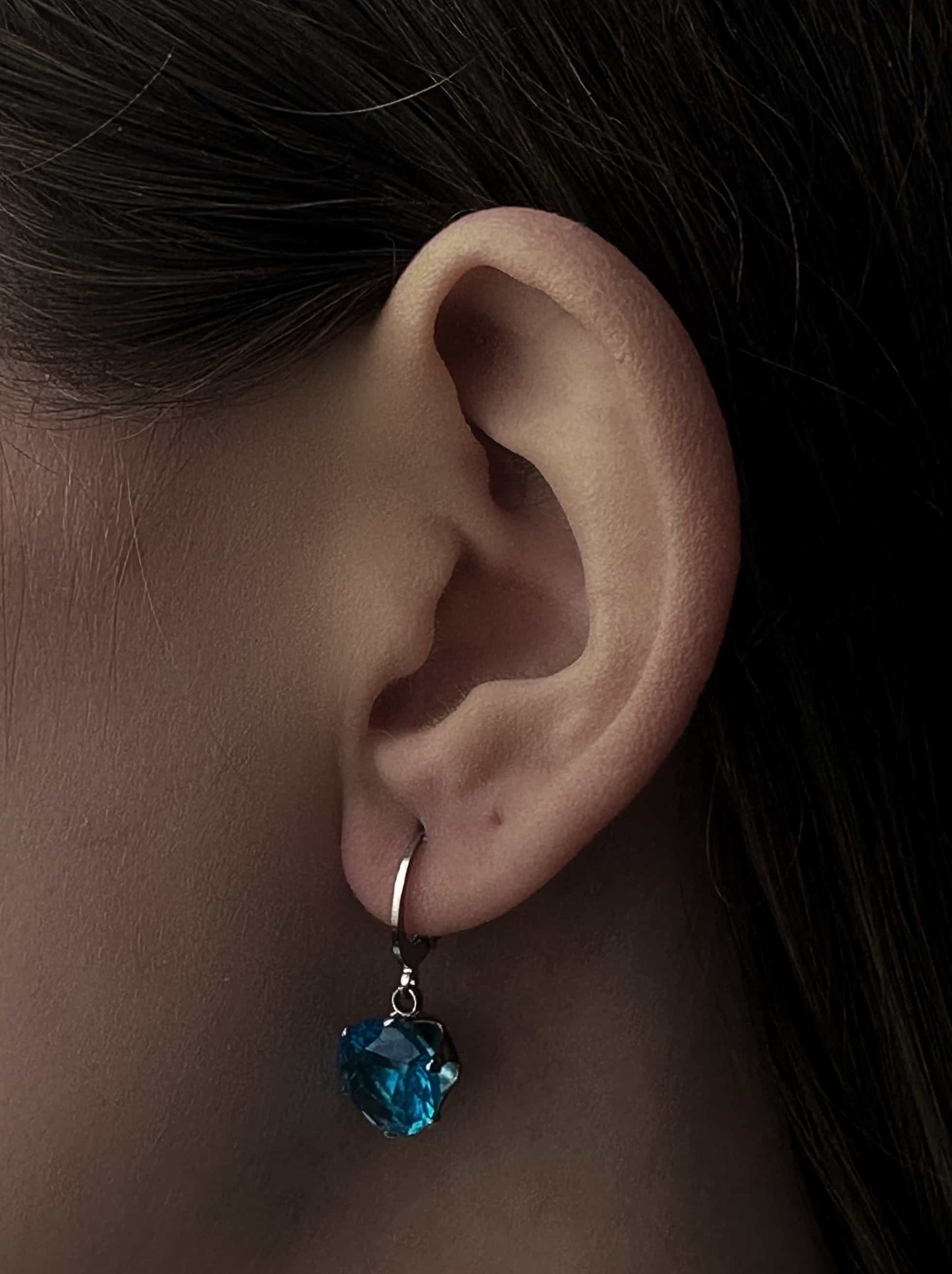 Boucles D'oreilles Acier Argenté Cristal Bleu