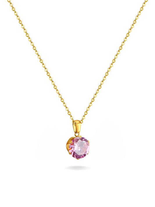 Golden steel necklace with pink crystal