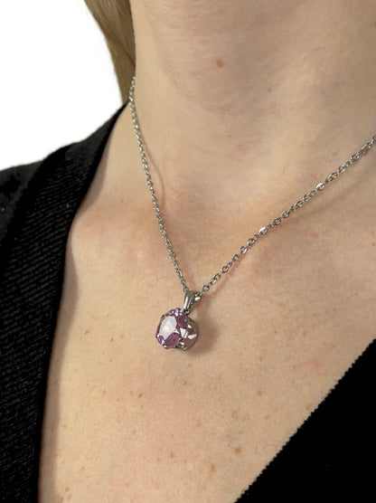 Silver steel necklace with pink crystal