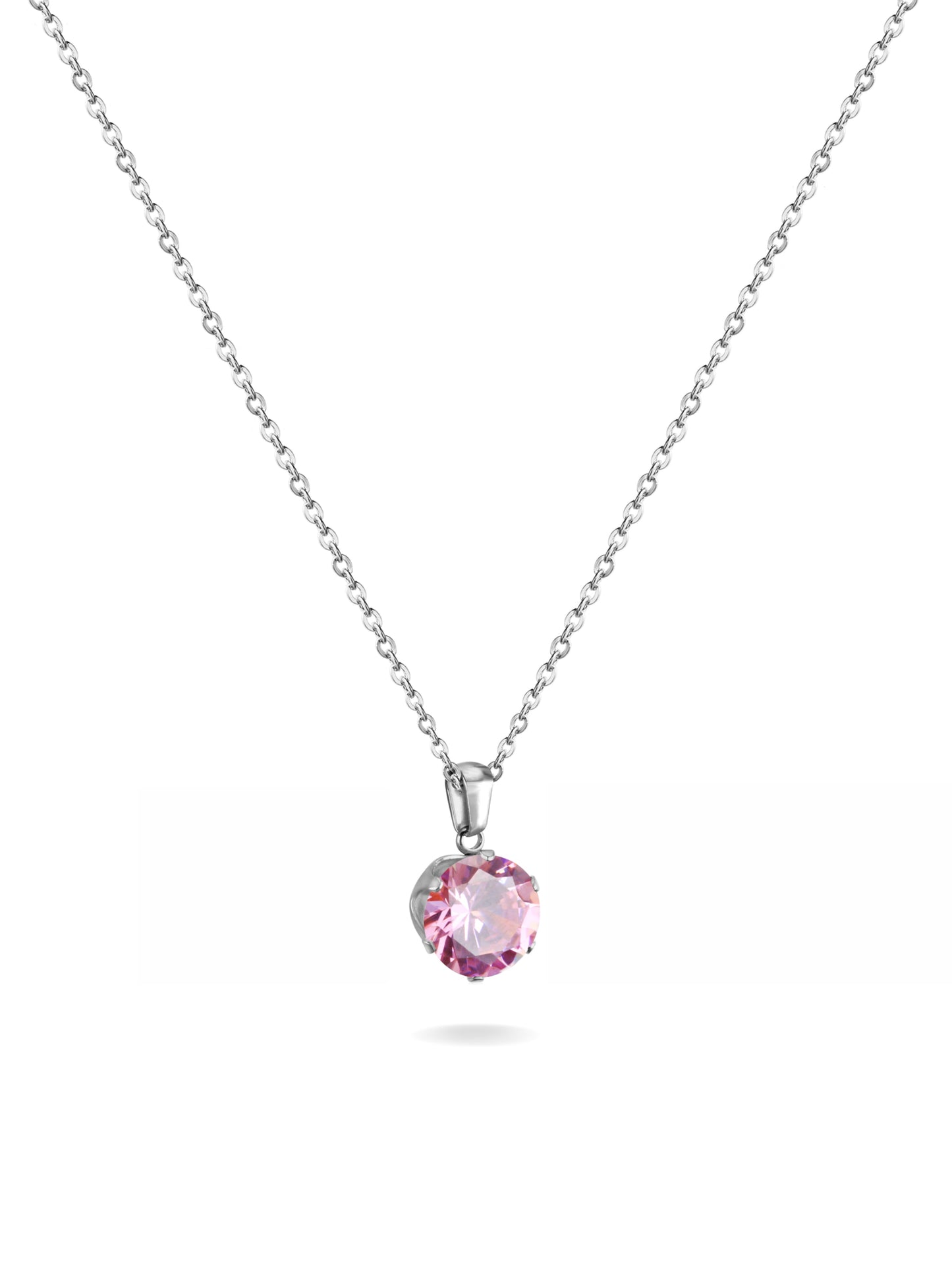 Silver steel necklace with pink crystal