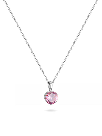 Silver steel necklace with pink crystal