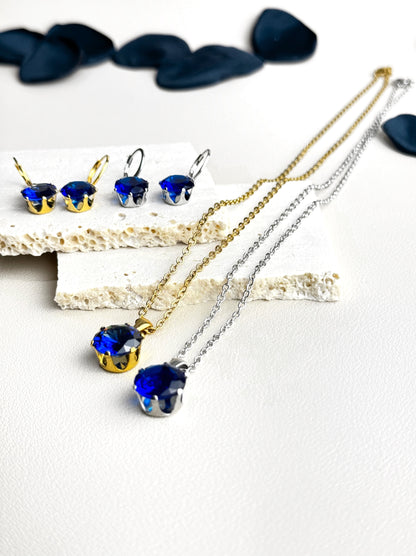 Blue crystal gold steel necklace