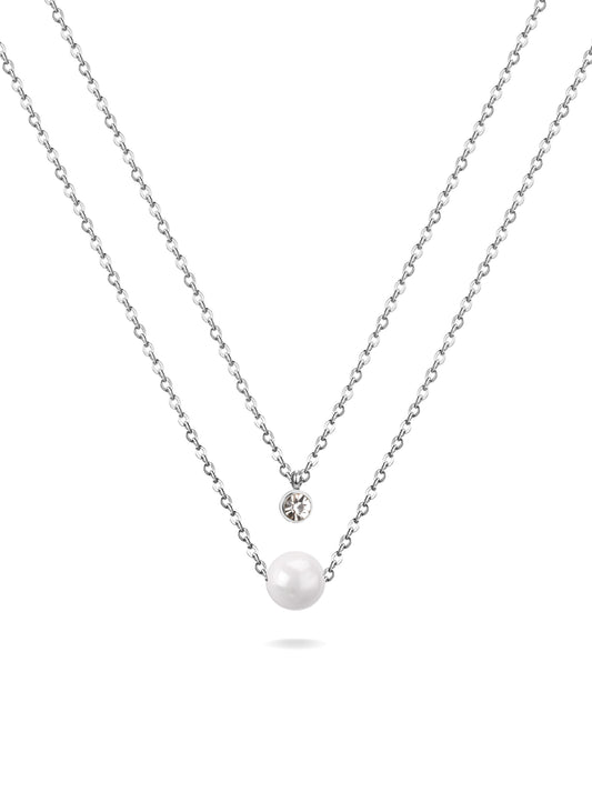 Collier en acier argenté avec perle et cristal