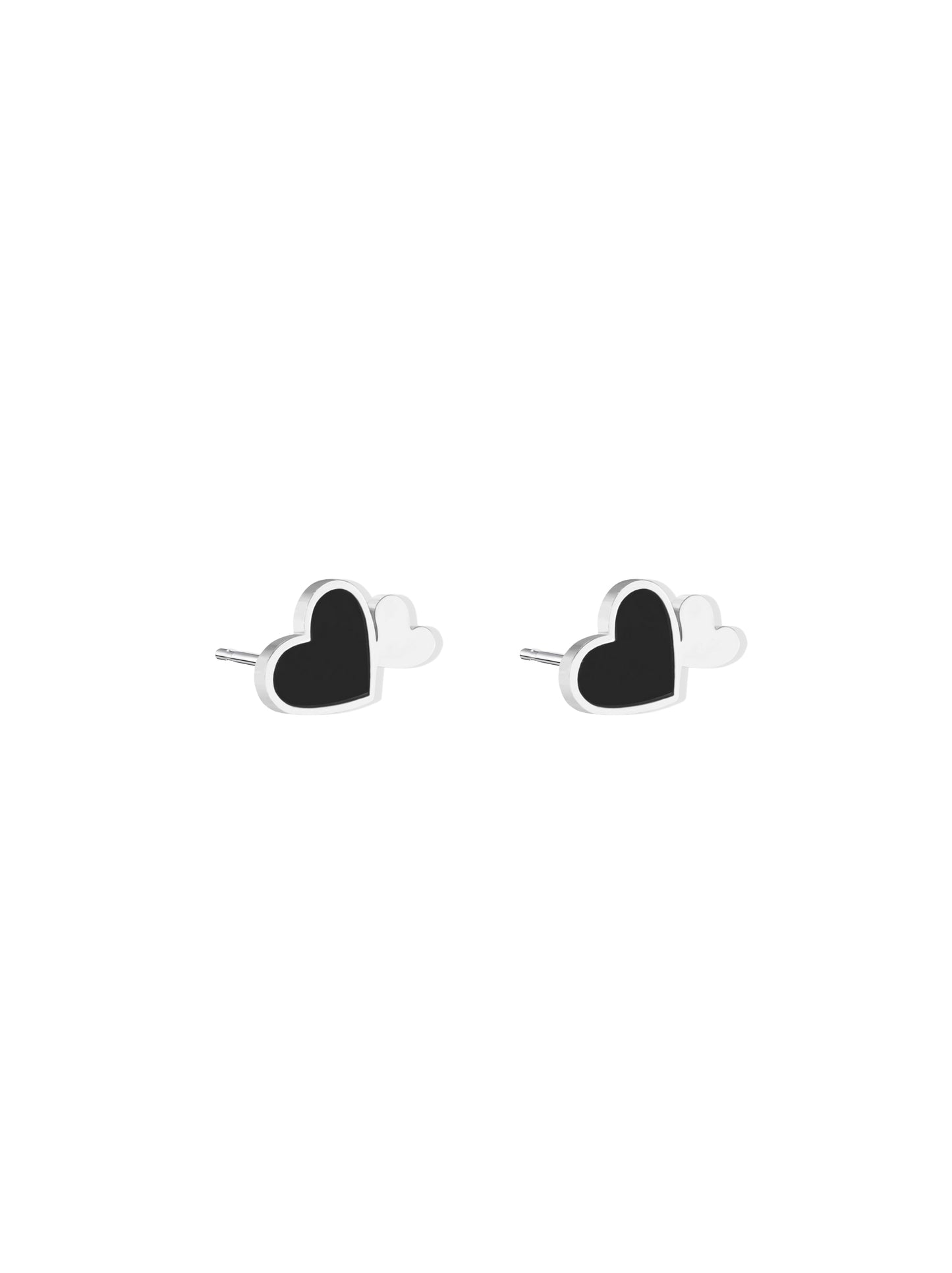 Silver steel earrings with black heart