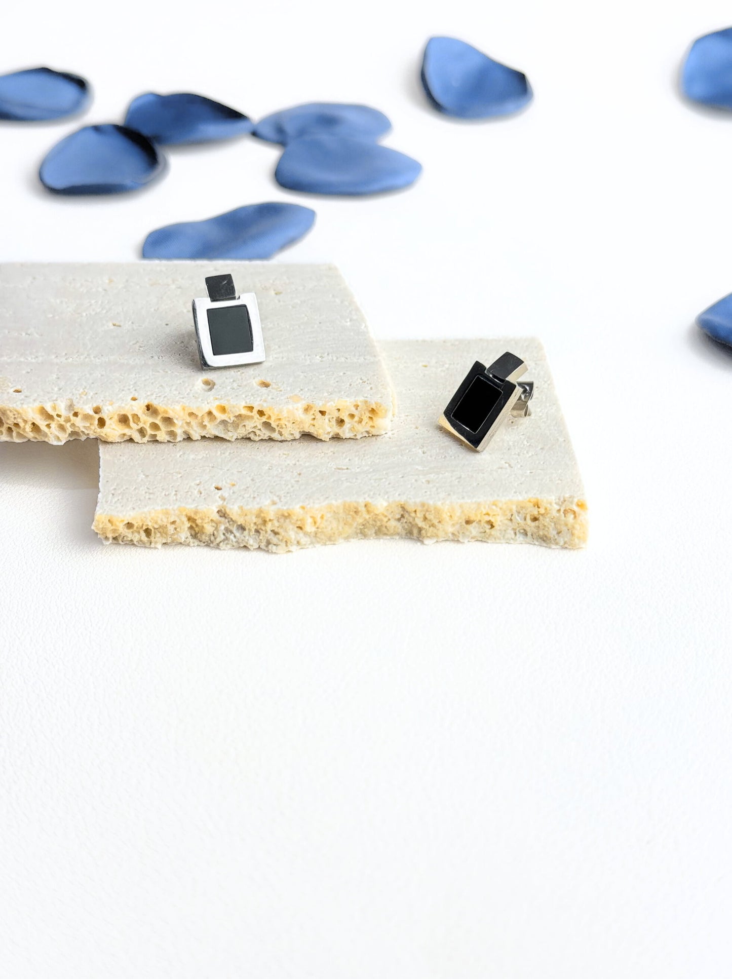 Silver steel earrings with black square