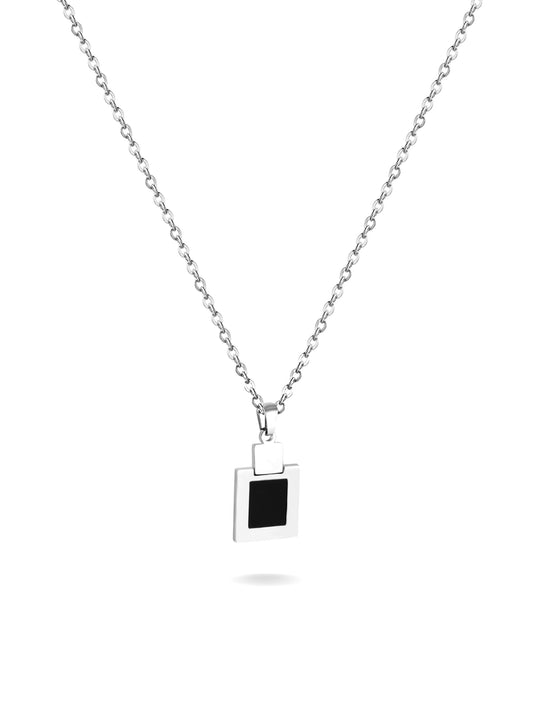 Silver steel necklace with black square