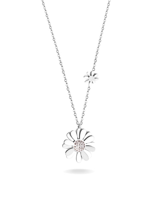 Silver steel necklace with flower