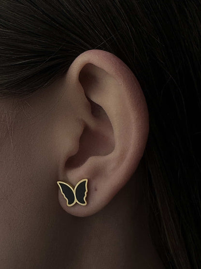 Golden steel earrings with black butterfly