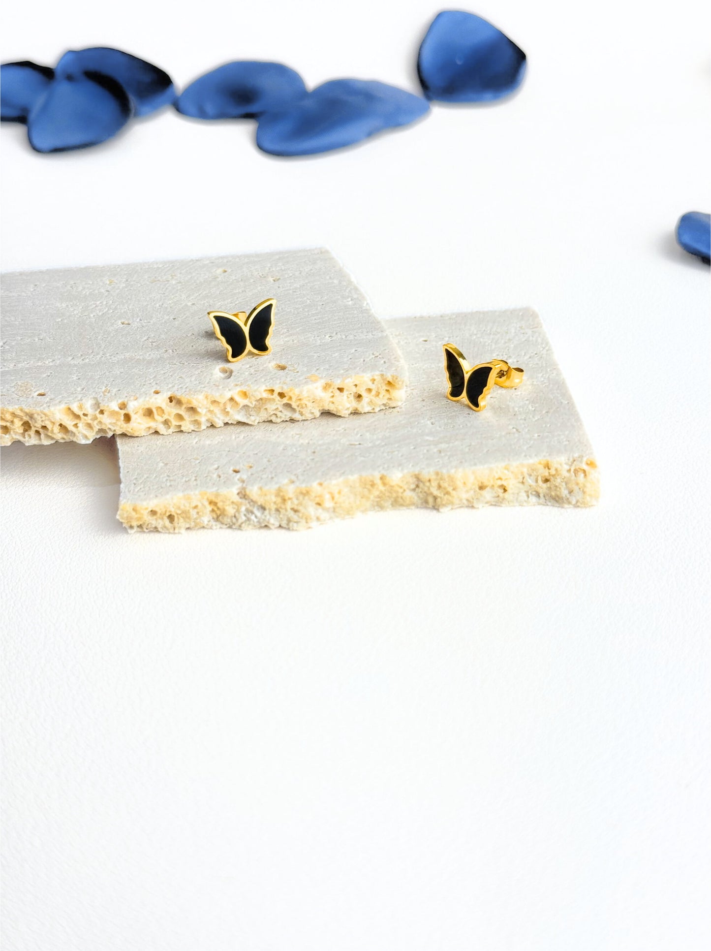 Golden steel earrings with black butterfly