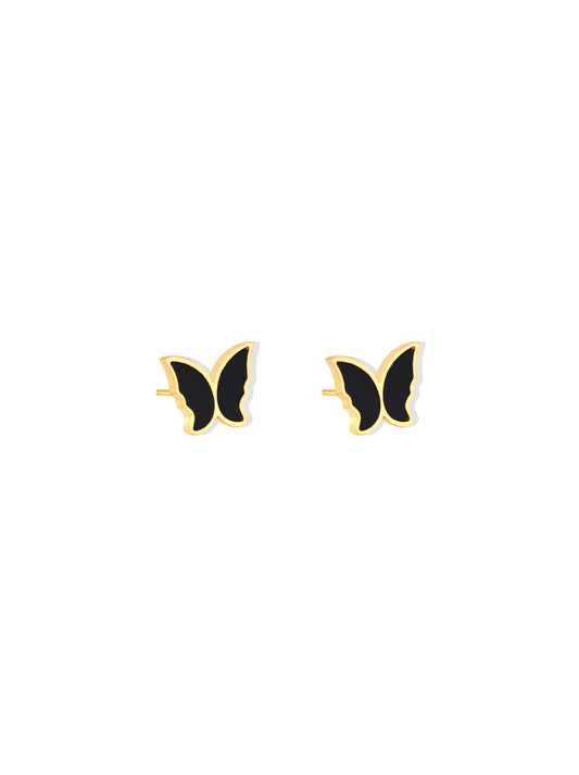 Golden steel earrings with black butterfly