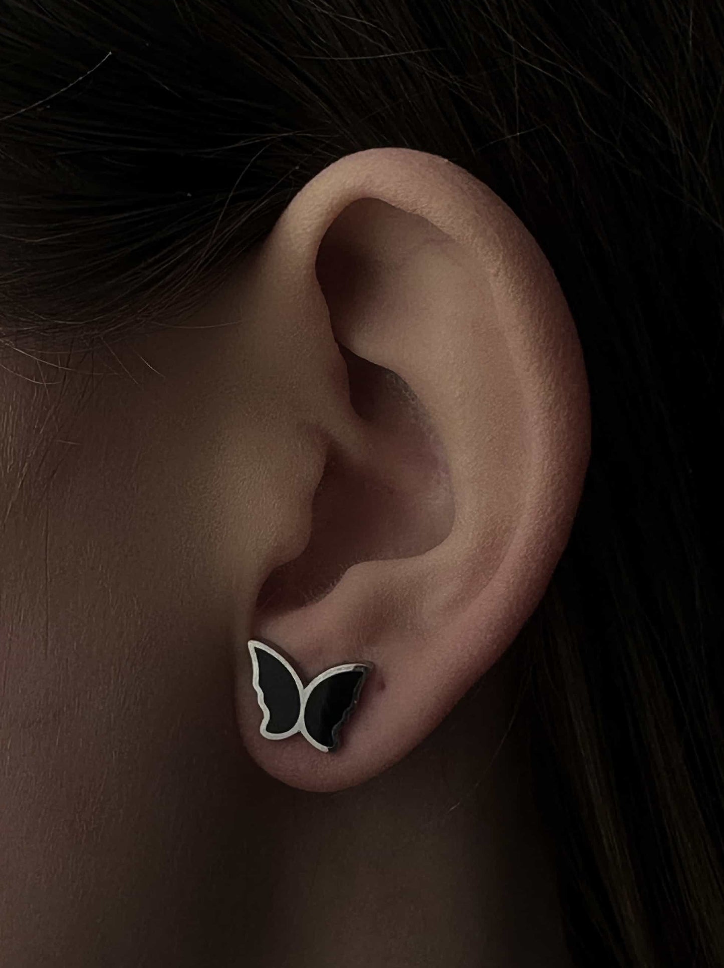 Silver steel earrings with black butterfly