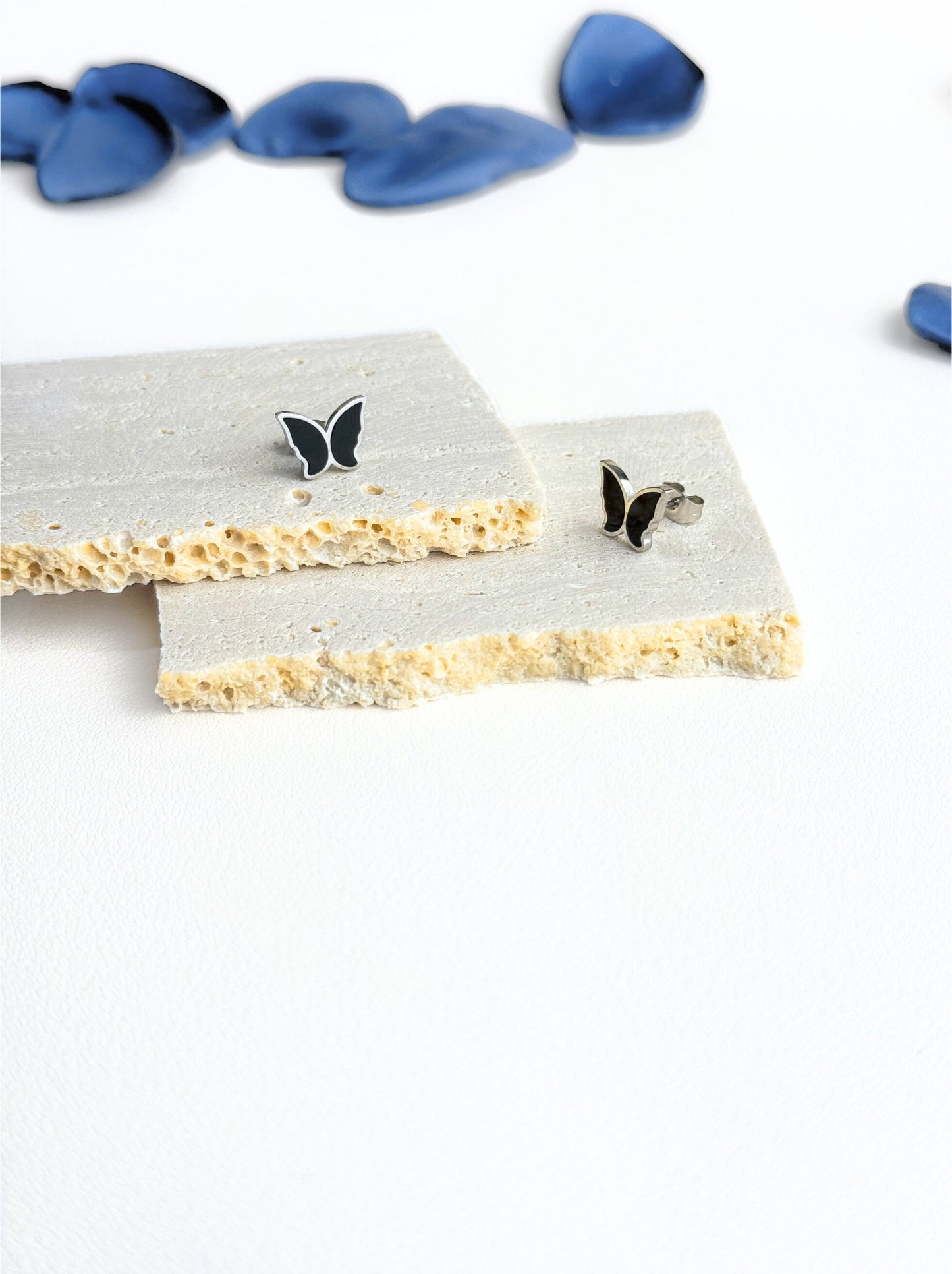 Silver steel earrings with black butterfly