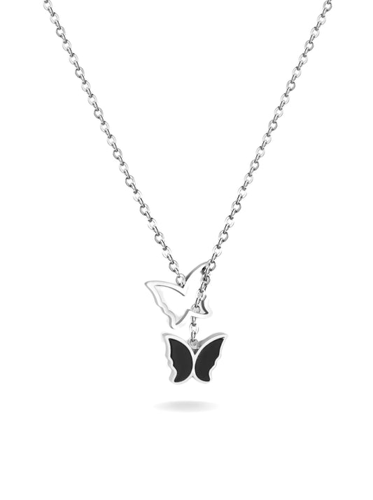 Silver steel necklace with black butterfly