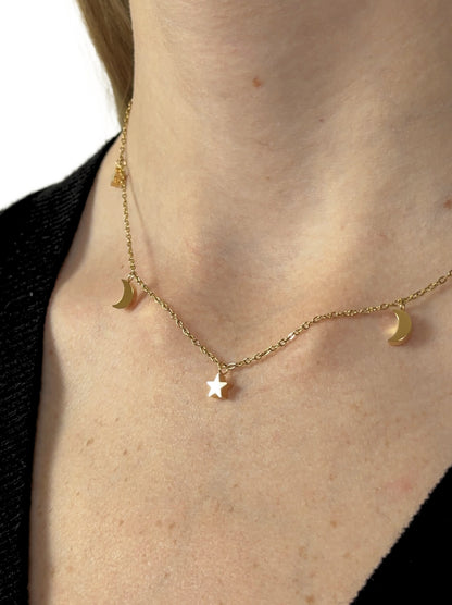 Golden steel necklace with stars and moons