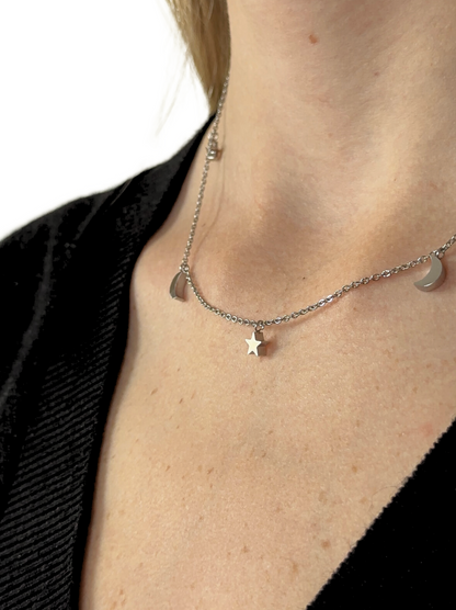 Silver steel necklace with stars and moons