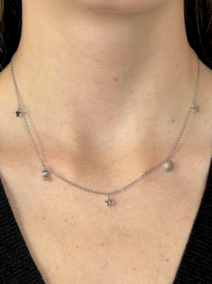 Silver steel necklace with stars and moons