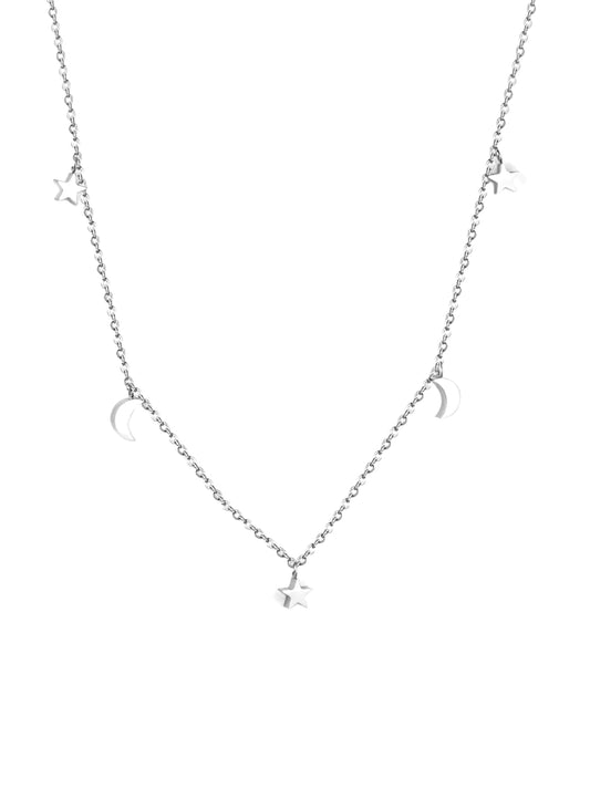 Silver steel necklace with stars and moons