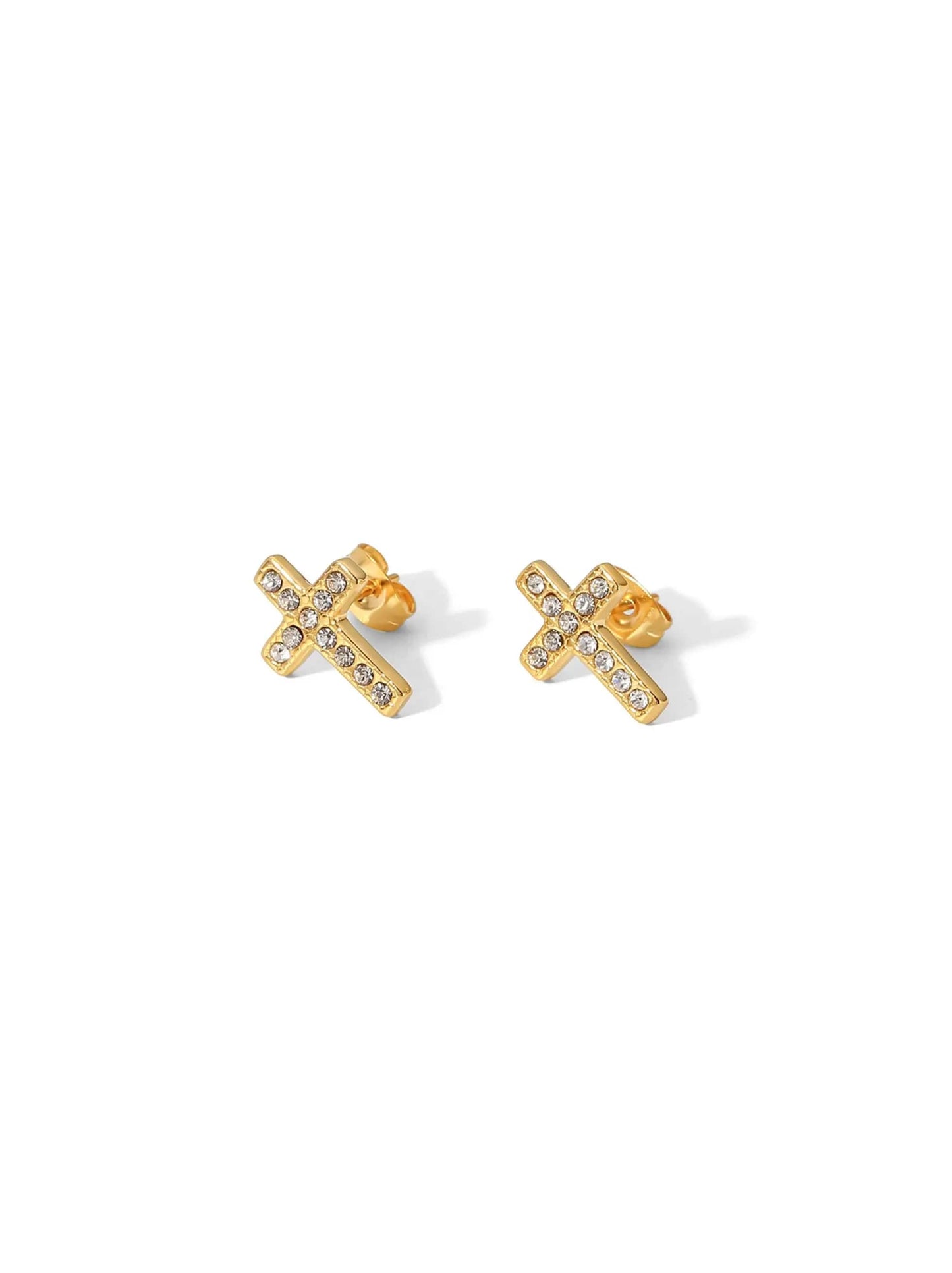 Golden steel earrings with zirconia cross