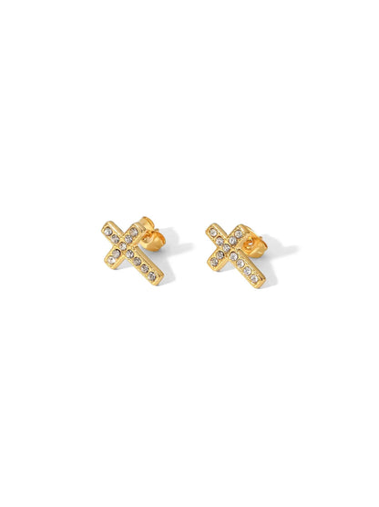 Boucles d'oreilles en acier doré avec croix en zircone