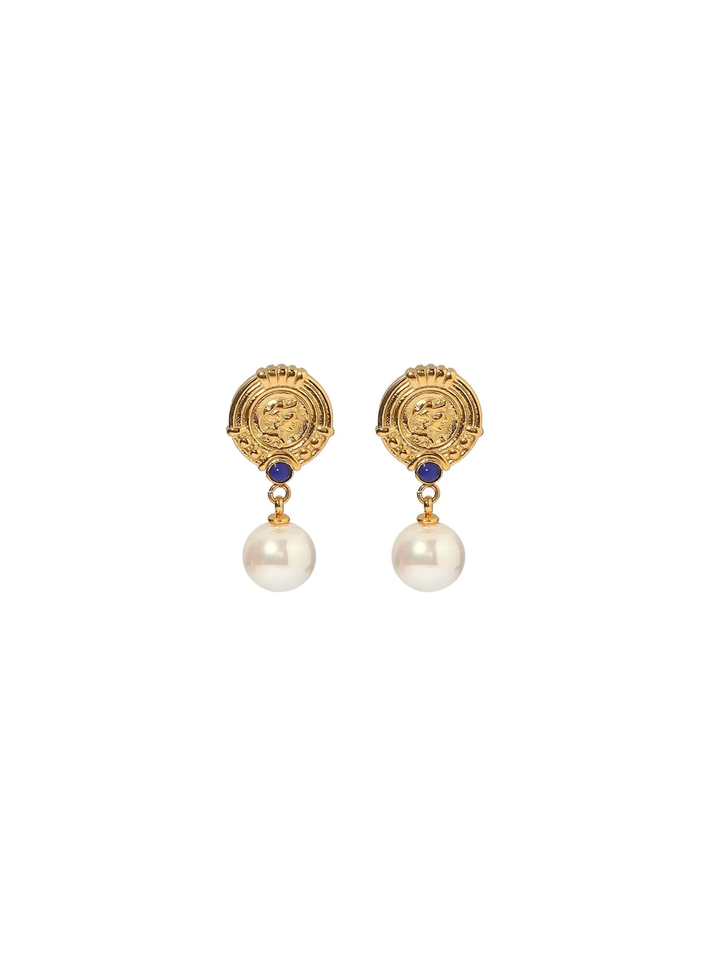 Boucles d'oreilles médaille acier doré avec perle