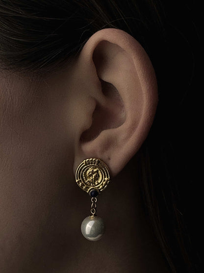 Golden steel medal earrings with pearl