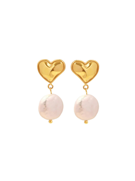 Golden steel heart earrings with pearl