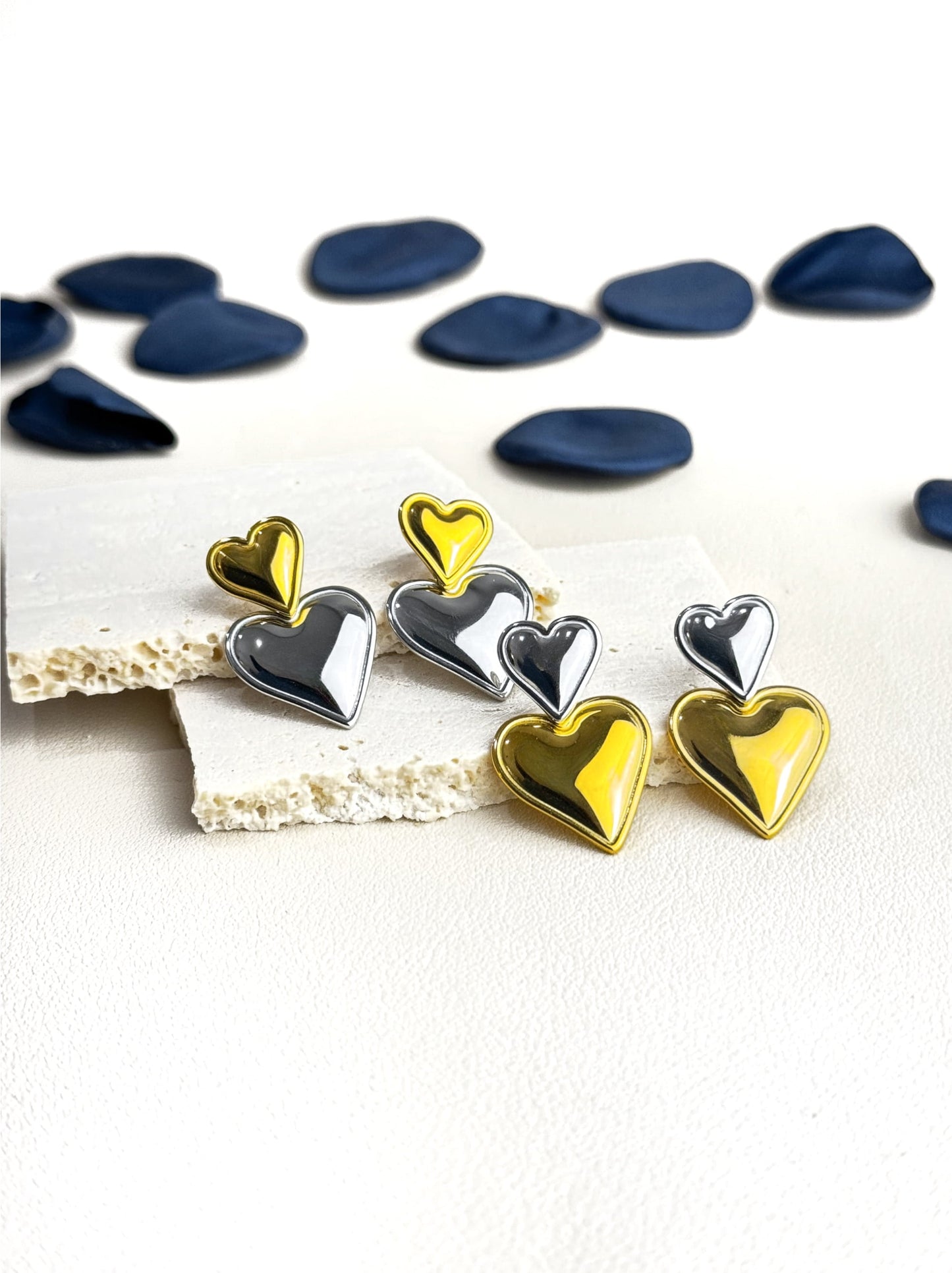 Silver and gold heart steel earrings