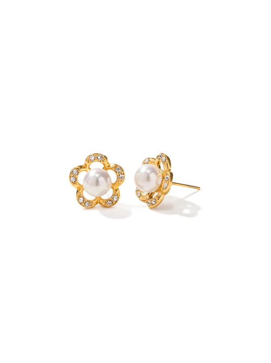 Flower gold steel earrings with pearl