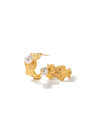 Boucles d'oreilles en acier à la feuille d'or avec perle