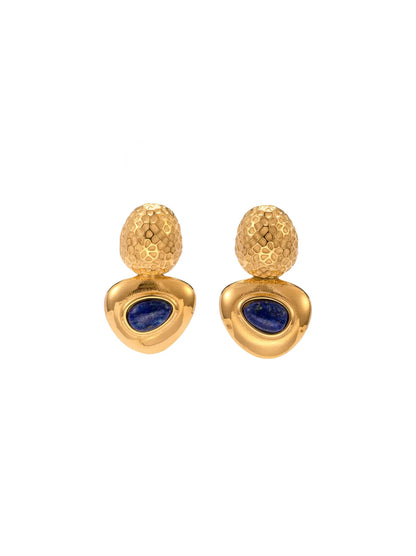 Golden steel earrings with blue stone