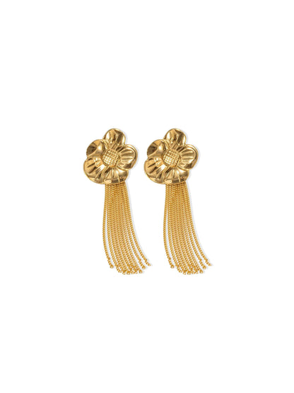 Boucles d'oreilles fleur en acier doré avec chaînes