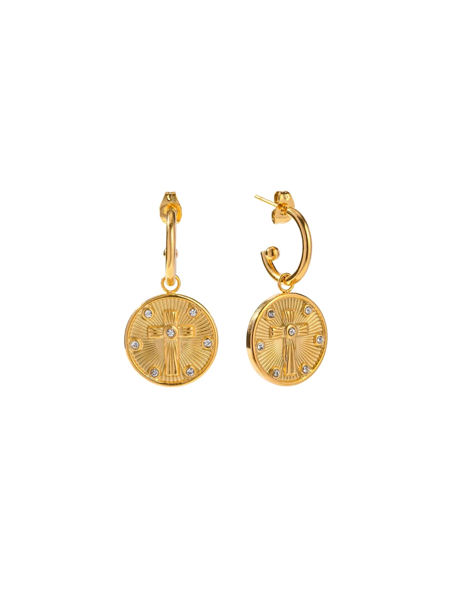 Cross gold steel earrings with zirconia