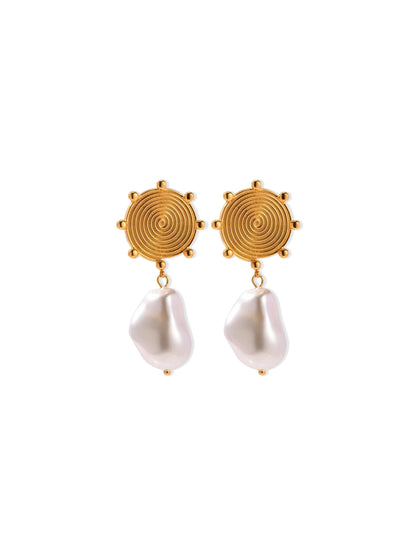 Spiral golden steel earrings with pearl