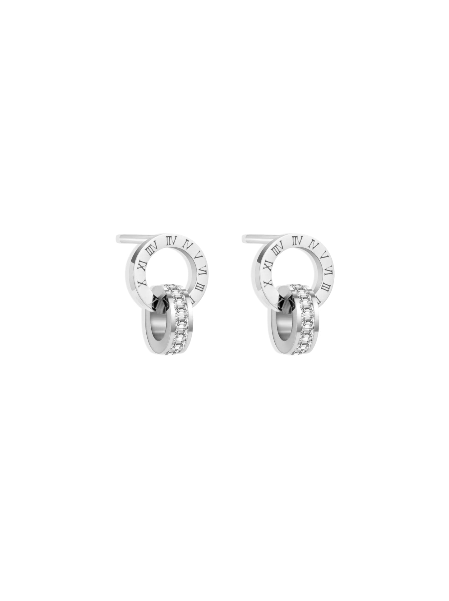 Circle silver steel earrings with zirconia