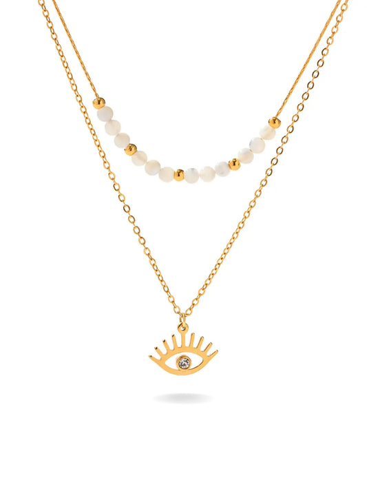 Golden steel pearl necklace with eye and zirconia