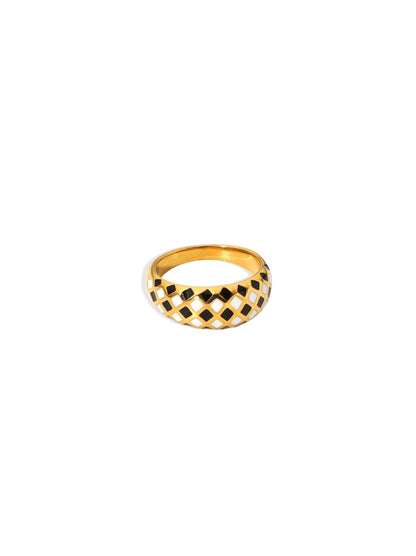 White and black enamel gold steel ring